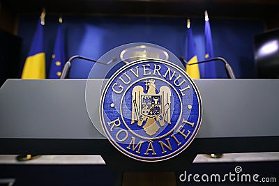 Romaniaâ€™s emblem with the Romanian government text Stock Photo